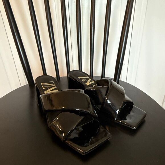Zara black patent block heel sandals size 6 - Picture 3 of 12